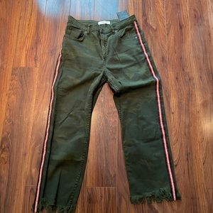 Zara Green Camo with Red Rhinestone Side Strip Cropped Fringe Pant